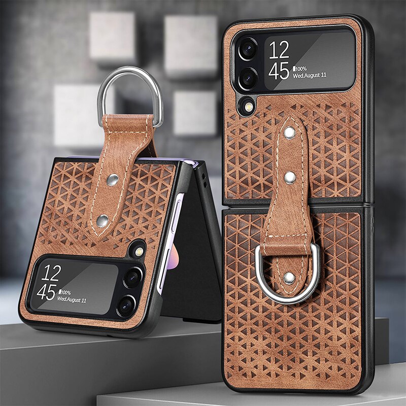 Luxury Leather Case With Finger Ring Holder For Samsung Z Flip 4 - Galaxy Z Flip 4 Case