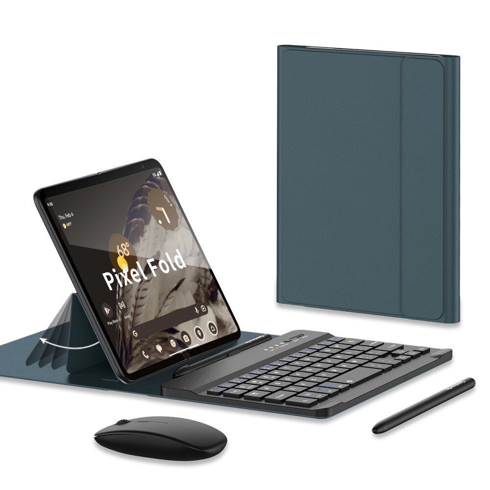 3 in 1 Wireless Keyboard, Leather Flip Stand & Mouse For Google Pixel Fold - The Pixel Store