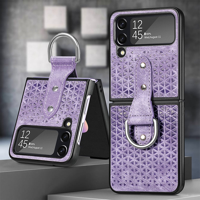 Luxury Leather Case With Finger Ring Holder For Samsung Z Flip 4 - Galaxy Z Flip 4 Case