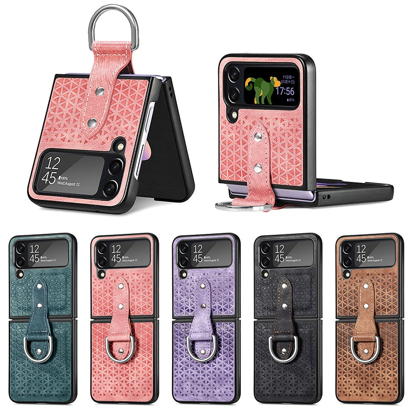 Luxury Leather Case With Finger Ring Holder For Samsung Z Flip 4 - Galaxy Z Flip 4 Case