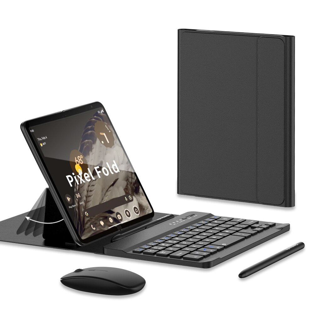 3 in 1 Wireless Keyboard, Leather Flip Stand & Mouse For Google Pixel Fold - The Pixel Store