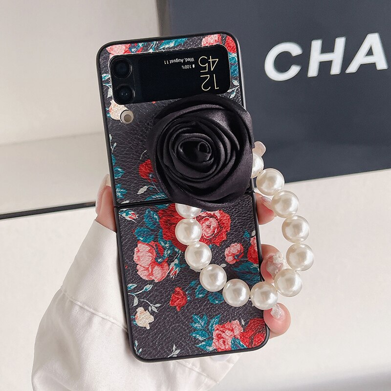 Elegant Leather Rose case with Pearl Bracelet For Samsung Galaxy Z Flip 4 - Galaxy Z Flip 4 Case