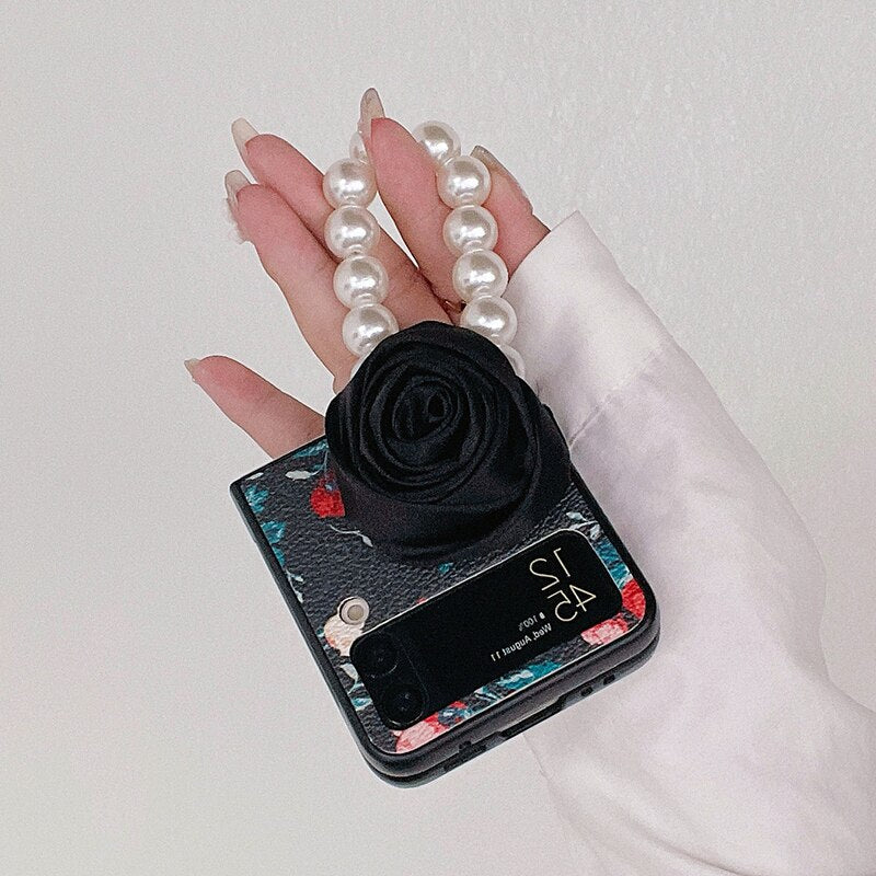Elegant Leather Rose case with Pearl Bracelet For Samsung Galaxy Z Flip 4 - Galaxy Z Flip 4 Case
