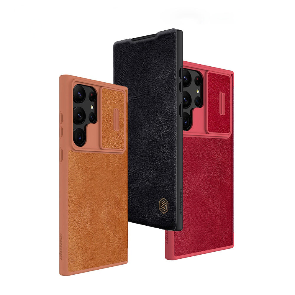 Leather Flip Case with Slide Camera Protection For Samsung Galaxy S23 Series - Caubade
