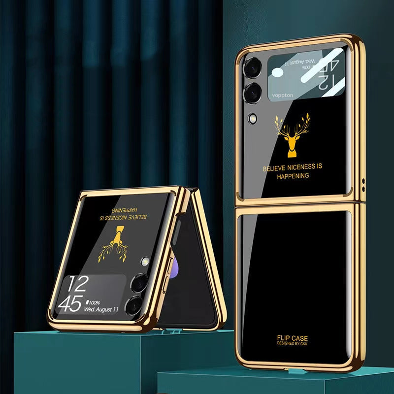 Luxury Deer Pattern Electroplating Tempered Glass Case For Samsung Z Flip 4 5G - Galaxy Z Flip 4 Case