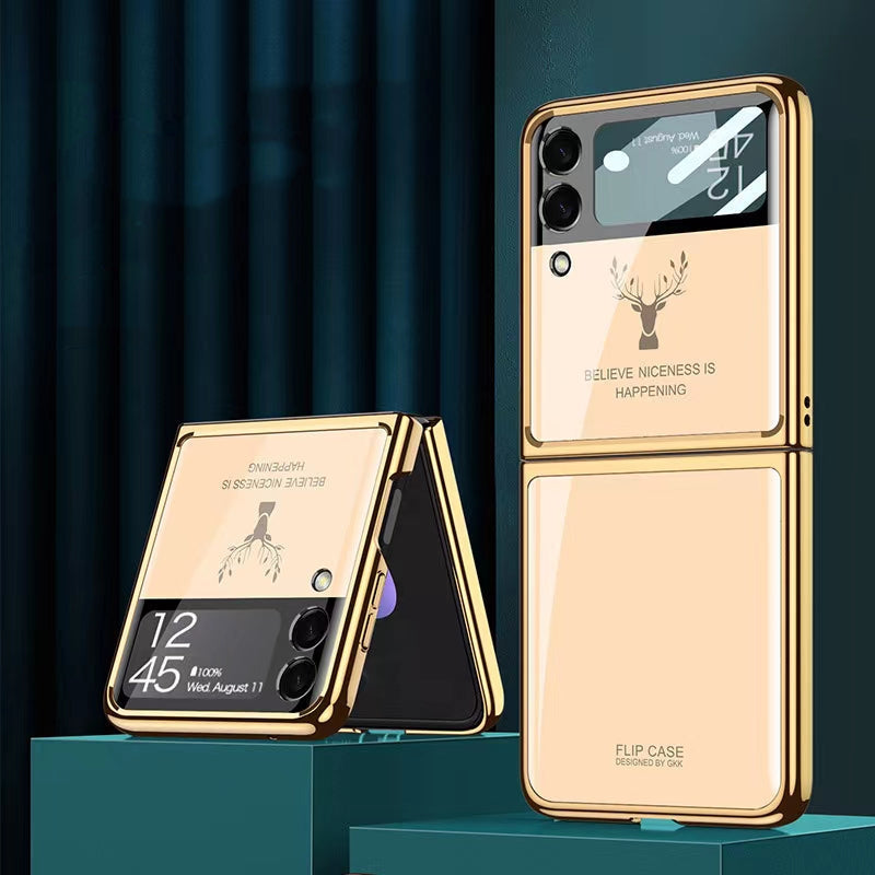 Luxury Deer Pattern Electroplating Tempered Glass Case For Samsung Z Flip 4 5G - Galaxy Z Flip 4 Case