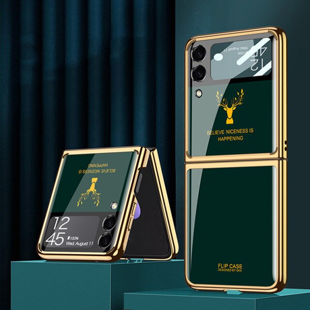 Luxury Deer Pattern Electroplating Tempered Glass Case For Samsung Z Flip 4 5G - Galaxy Z Flip 4 Case