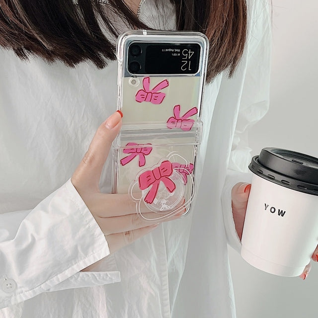 Transparent Pink Bow With Bracelet Case For Galaxy Z FLIP 4 5G - Galaxy Z Flip 4 Case