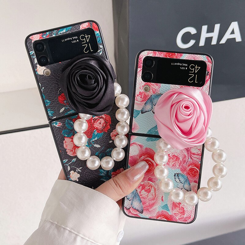 Elegant Leather Rose case with Pearl Bracelet For Samsung Galaxy Z Flip 4 - Galaxy Z Flip 4 Case