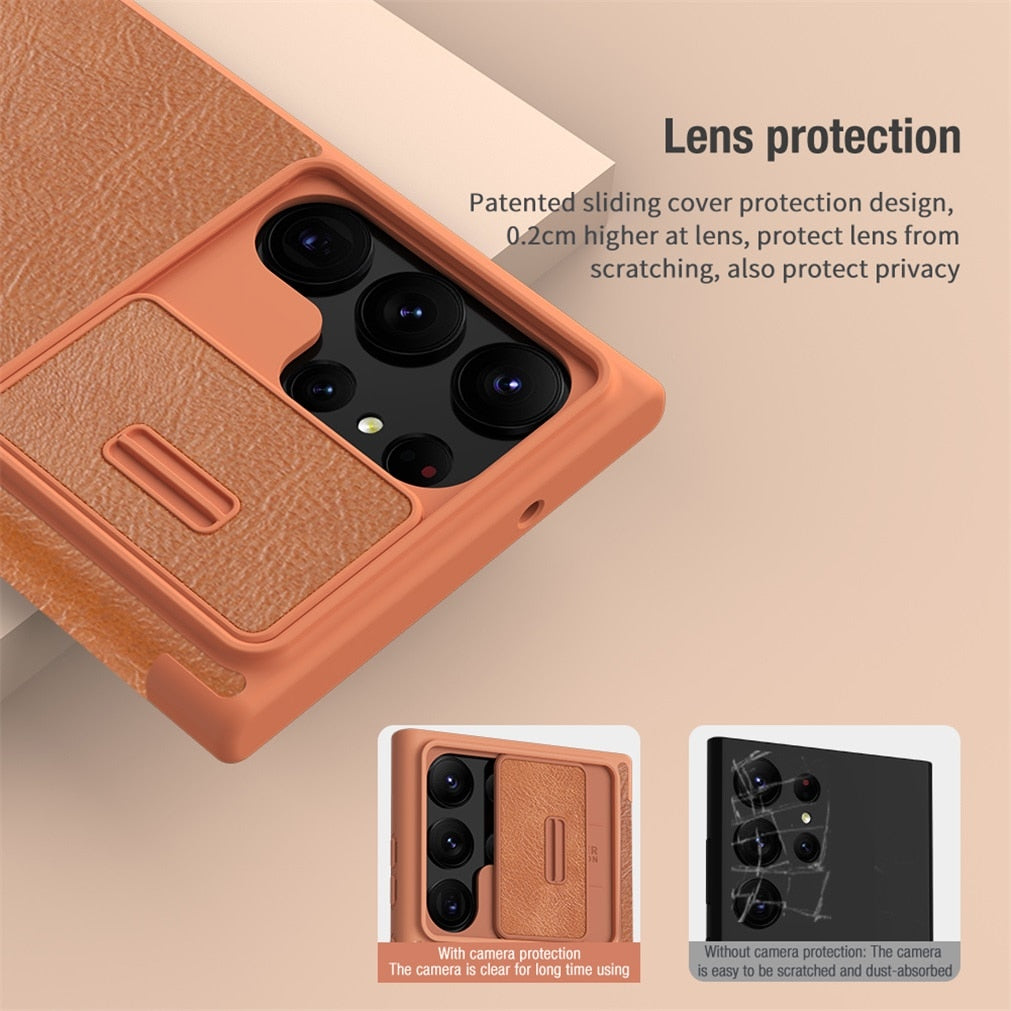 Leather Flip Case with Slide Camera Protection For Samsung Galaxy S23 Series - Caubade