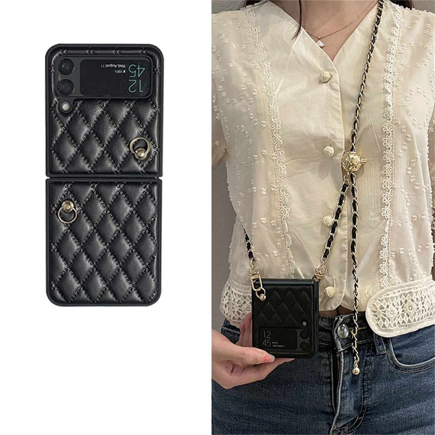 Luxury Adjustable Leather Chain Retro Rhombus Case for Samsung Galaxy Z Flip 4 - Galaxy Z Flip 4 Case