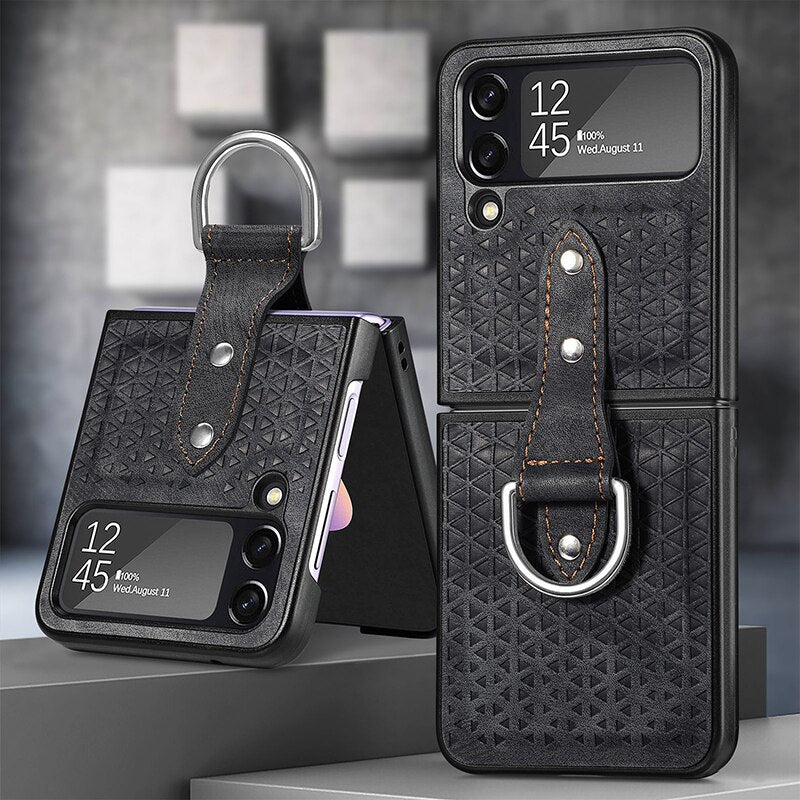 Luxury Leather Case With Finger Ring Holder For Samsung Z Flip 4 - Galaxy Z Flip 4 Case