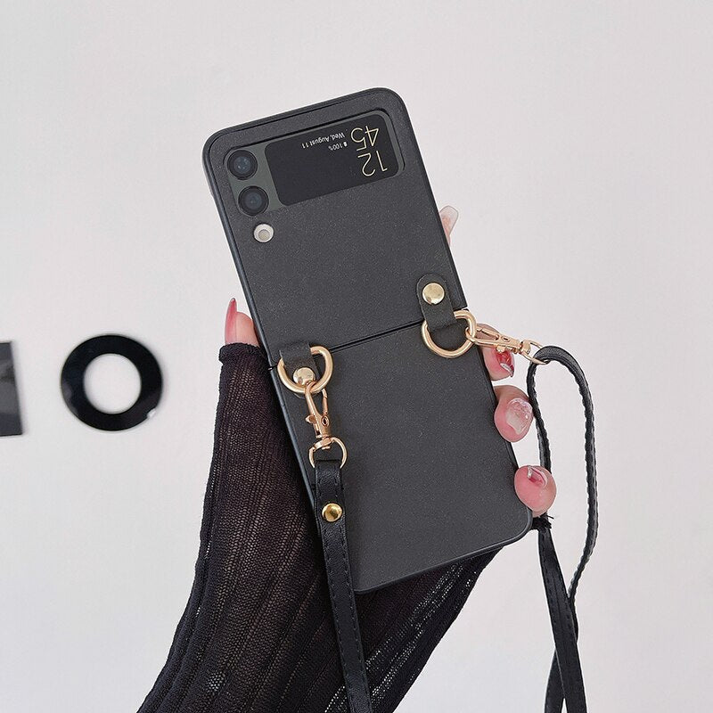 Crossbody Leather Cover With Lanyard Strap For Samsung Galaxy Z Flip 4 - Galaxy Z Flip 4 Case