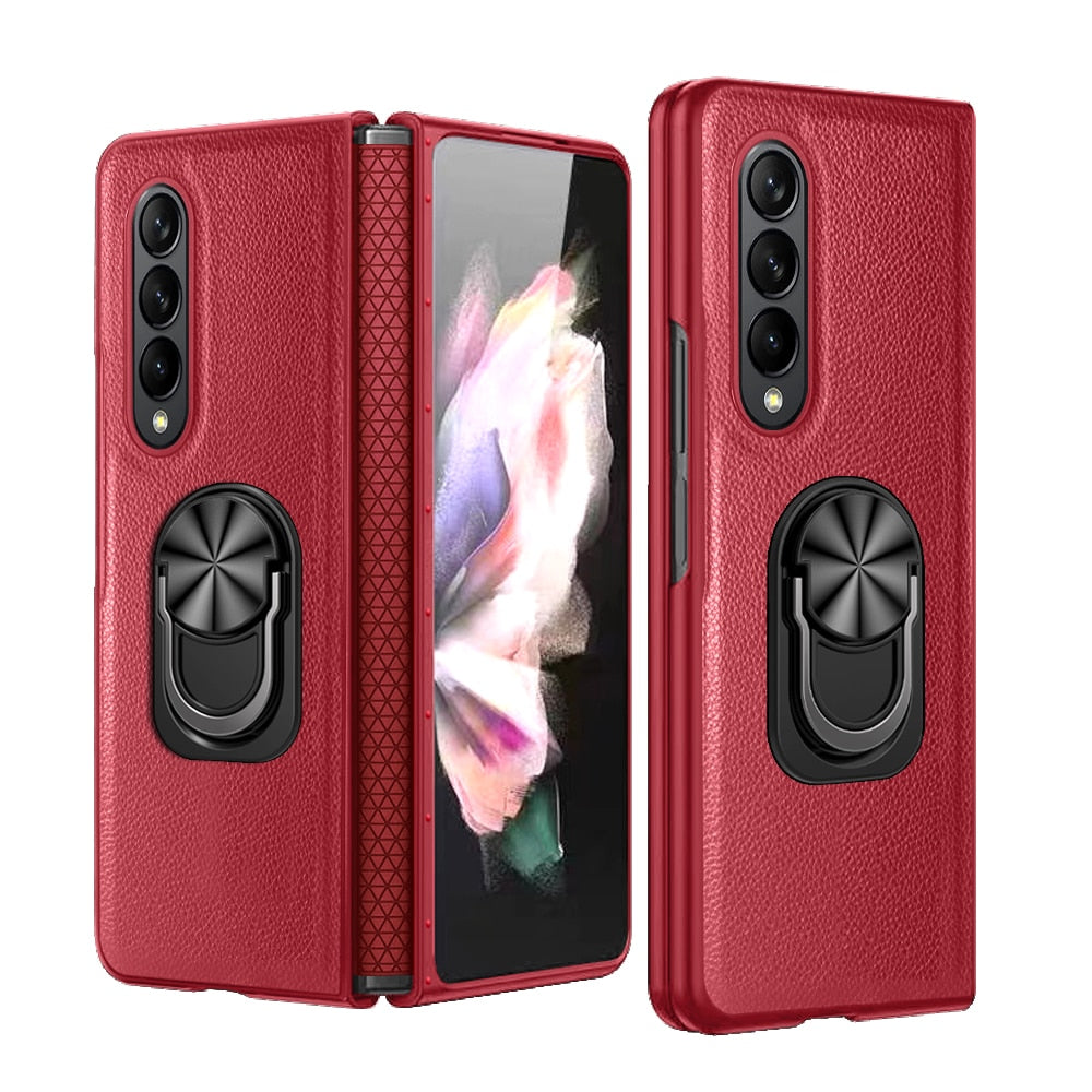 Leather Case for Samsung Galaxy Z Fold 4 with Ring Bracket Stand and Screen Glass Film